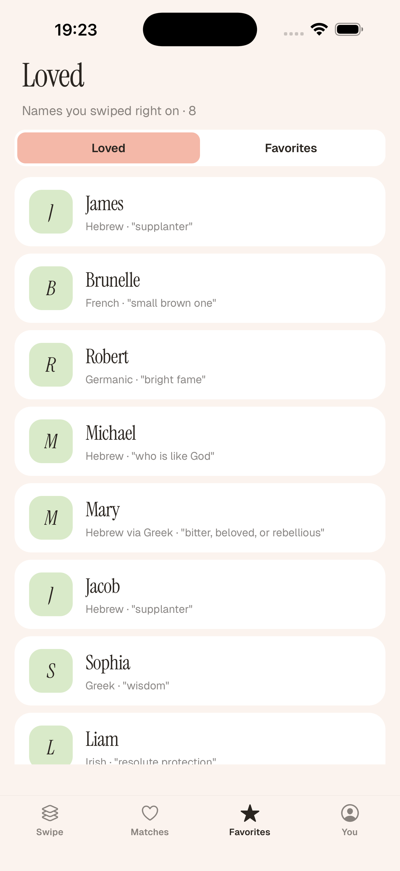 Loved tab with a scrollable list of names the user has swiped right on.