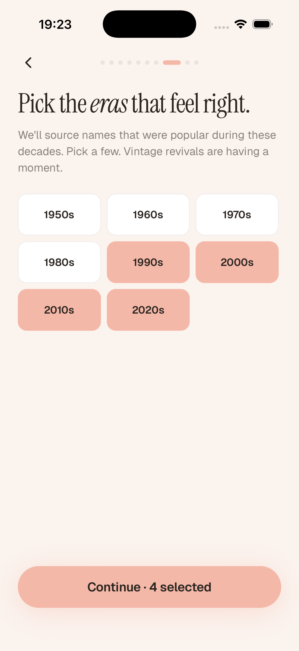 Onboarding step with selectable decade pills from the 1950s to the 2020s.