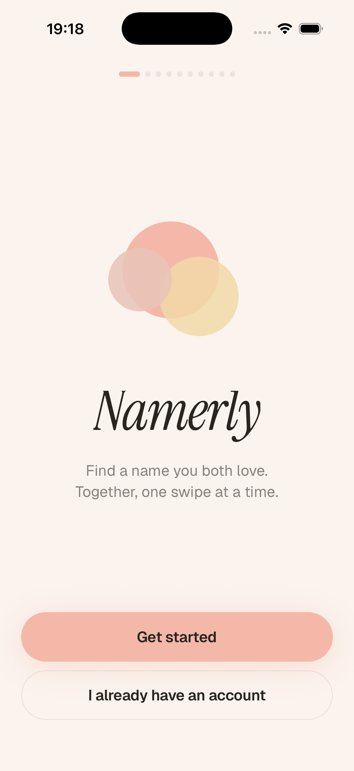 Namerly welcome screen on iPhone with the brand mark and a Get started button.