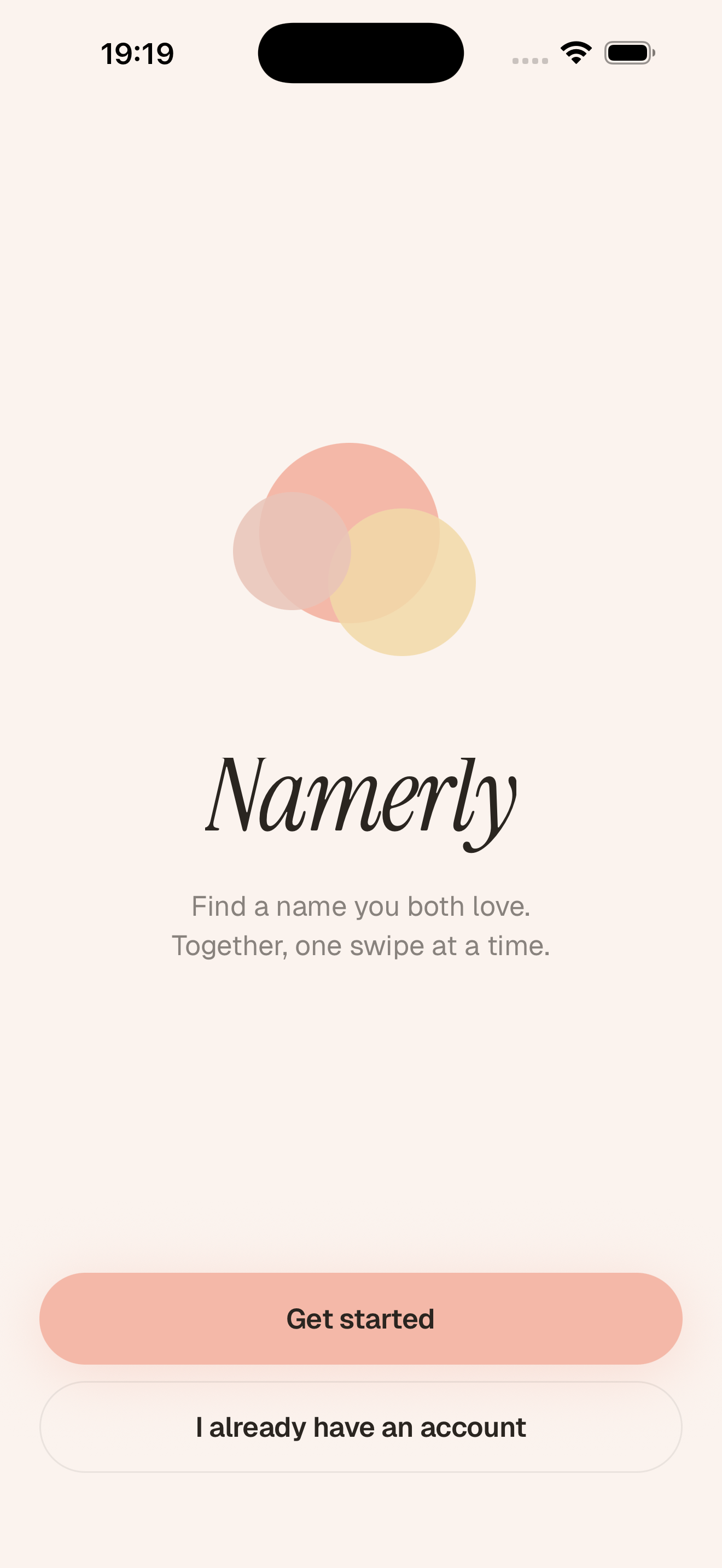 Namerly welcome screen on iPhone with the brand mark and a Get started button.